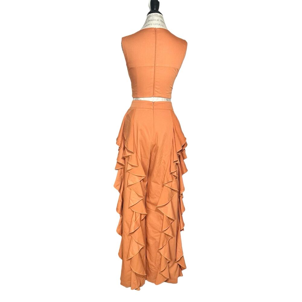 BFYNE | Women | Dara Cascade Ruffle Orange Sleeveless Cropped Top Pant Set | S-M - Picture 3 of 15